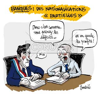 Banques : des nationalisations "partielles", dessin de Soulcié, réf. 0051-0220