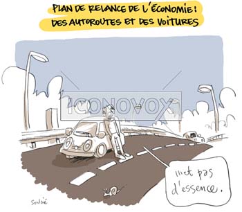 Plan de relance de l'économie : des autoroutes et des voitures, dessin de Soulcié, réf. 0051-0292
